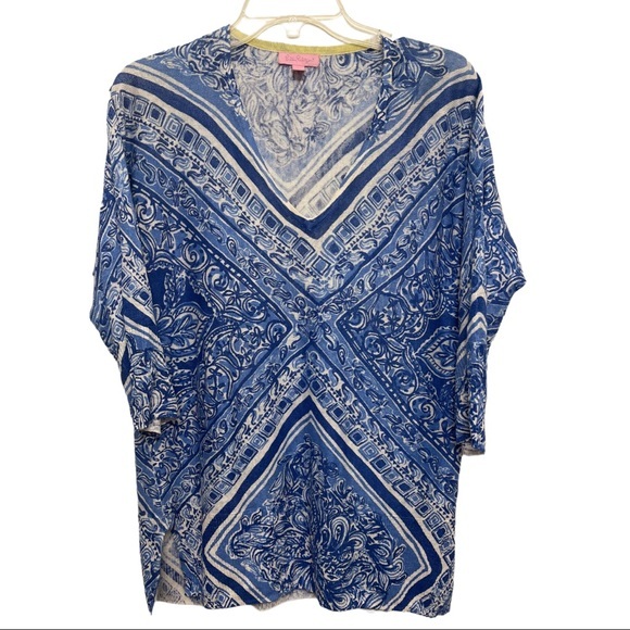 LILLY PULITZER Jameson Dolman Sleeve 100% Linen Blue Print Top Size XS/S INV - Picture 3 of 8